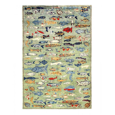 Tapis géométrique en laine / coton géométrique fait à la main 5 pi x 8 pi bleu / blanc / beige
