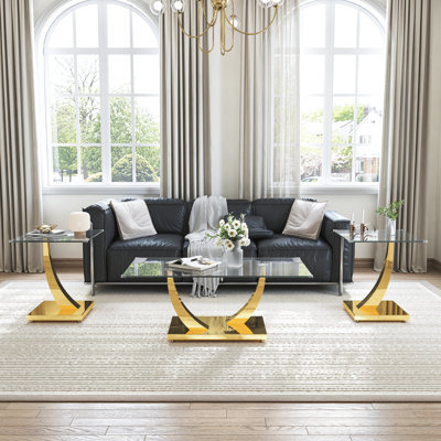 3-Piece Coffee Table Set, Modern Clear Tempered Glass Top, Mirrored Curved Stainless-Steel Bases, Coffee Table And 2 Side Tables