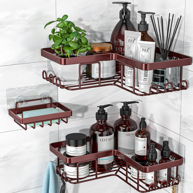Corner Adhesive Shower Caddy with Soap Holder and 12 Hooks, Rustproof Stainless Steel Bathroom Organizer, Bronze