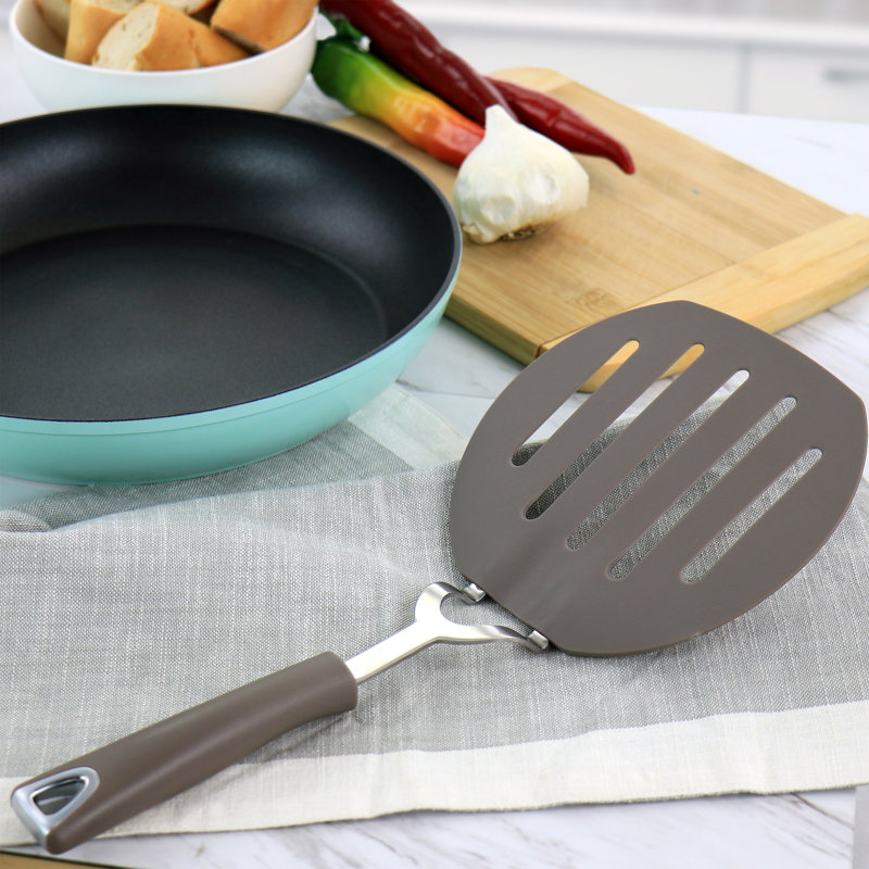 Large Taupe Nylon Slotted Spatula with Ergonomic Handle