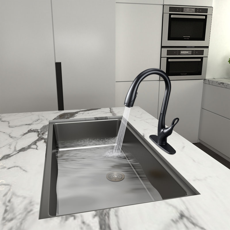Robinet de cuisine rétractable à poignée simple avec accessoires, Noir mat
