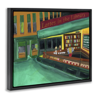 «Lattes In The Library», art mural encadré sur toile flottante, design par Kristal Clifford