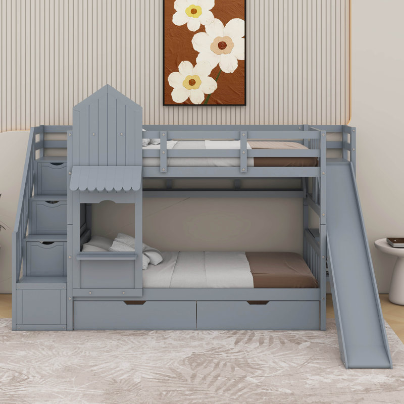 Lit superposé simple au-dessus d'un lit simple de style château avec tiroirs et tablettes, Gris