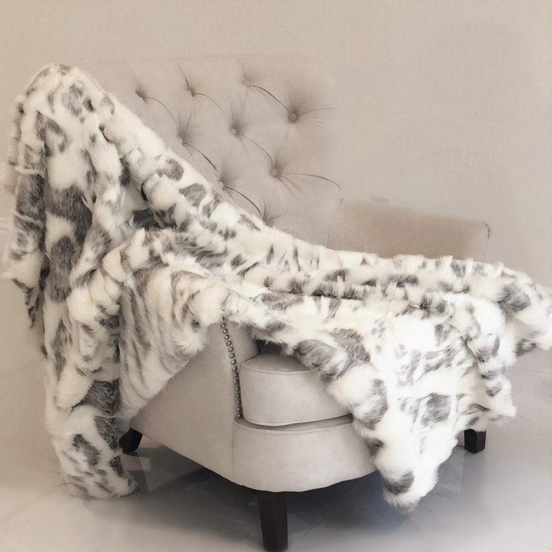 Jeté en fausse fourrure de luxe fabriqué à la main, l 60 po x L 72 po, Ivoire/Gris
