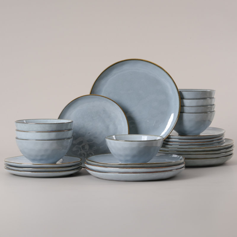 Services de vaisselle 24 pièces, ensemble de vaisselle en grès (ensemble de 8), Bleu