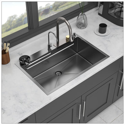 Gunmetal Black Drop In Waterfall Kitchen Sink - 33*22 Inch Single Bowl 16 Gauge Stainless Steel Ledge Workstation Kitchen Sinks With Pull-Out Faucet & Cup Washer