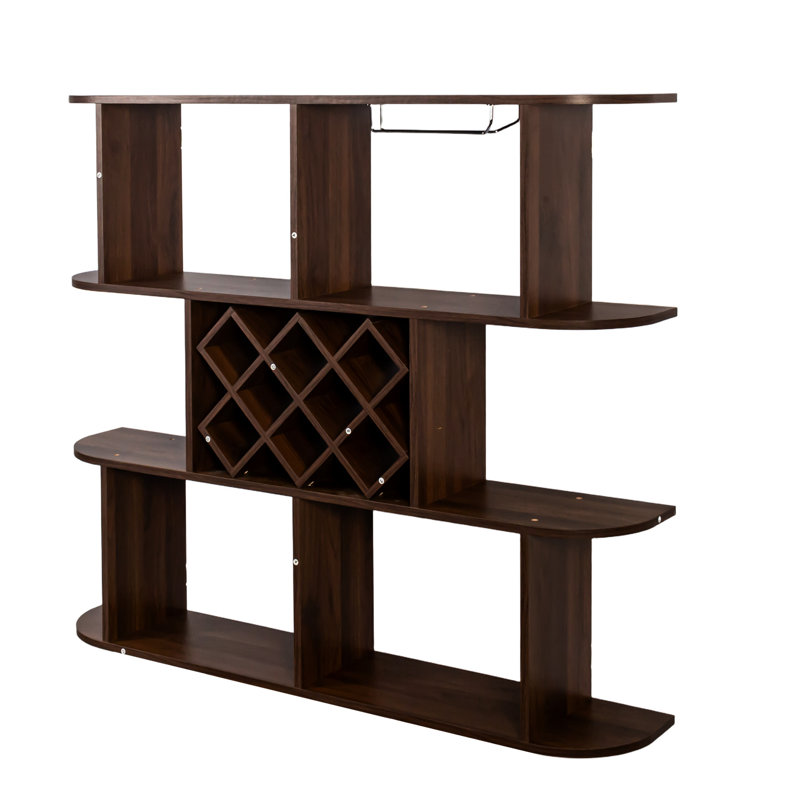Casier à vin mural rustique à 3 niveaux, multifonctionnel avec porte-verres, idéal pour la décoration de votre bar ou salle à manger. Panneaux de particules couleur noyer, profondeur : 117,6 cm, largeur : 23,2 cm, hauteur : 103,5 cm, poids : 22,5 kg.