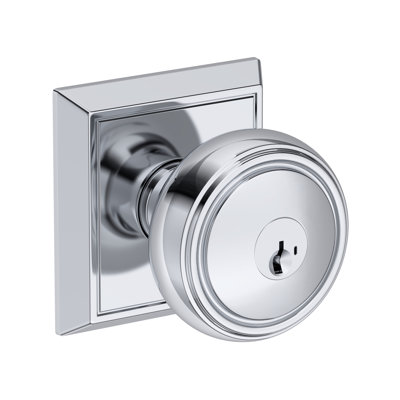 Bremerton Keyed Entry Knob with Chamfered Square Rose in Polished Chrome