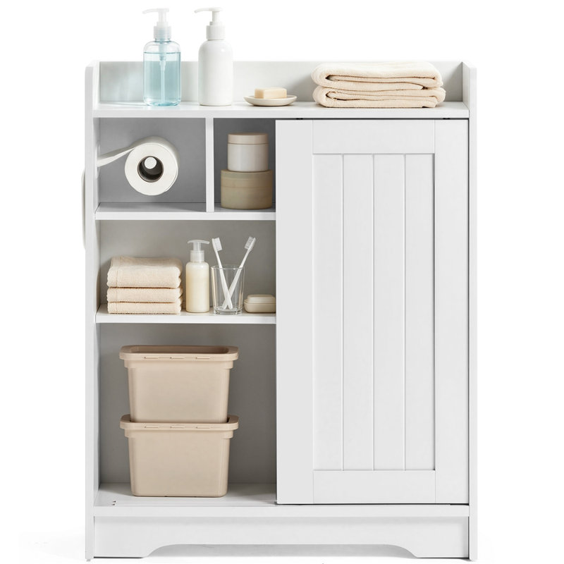 Narrow Bathroom Cabinet with Sliding Doors, Adjustable Shelves and Toilet Paper Holder