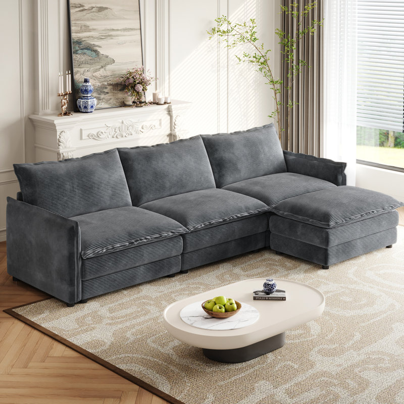 3 canapé en velours côtelé avec aquarium, 33" H  x 109" W  x 58" D, Beige