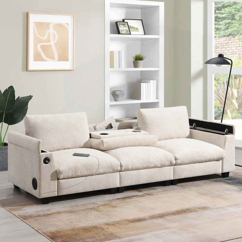 Chenille Sectional Sofa with Bluetooth Speaker,Comfy Cloud Couch Set with Drop Down Table, Beige