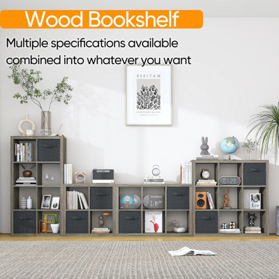 Bookshelf with Storage Bins, 8-Cube Storage Organizer Wooden Bookcase Open Book Shelf, Grey Oak