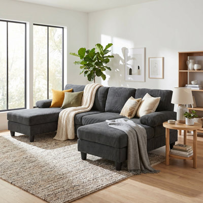104"  U-Shaped Sectional Sofa, Mid-Century Modern 4-Seat Couch with Dual Chaise & Plush Armrests, Textured Polyester Upholstery, High-Leg Design for Easy Cleaning, Soft Deep Seat