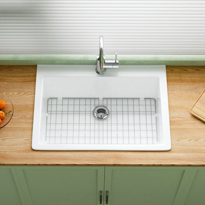 30" L x 22" W Fireclay Drop In Kitchen Sink 1 Hole, Topmount Single Bowl White for Kitchen & Laundry, Included 2 Custom Accessories