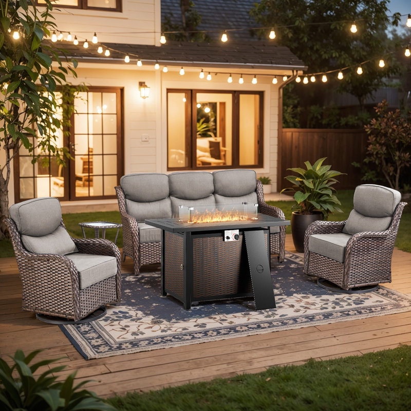 Prunier 5-Piece All-Weather Wicker Patio Rectangle Metal Fire Pit Table Conversation Set With Swivel Gliders, Sofa And Side Table For Outdoor