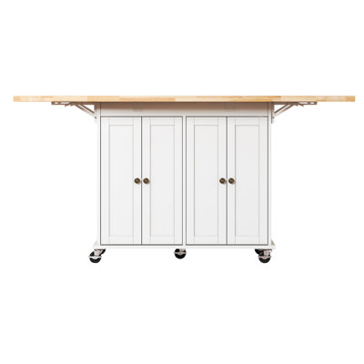 62.8" Rolling Kitchen Island With Drop Leaf Rubberwood Countertop, Mobile Kitchen Cart With Storage Cabinet & Lockable Wheel, Space-saving Foldable Kitchen Prep Station For Dining Room,apartment