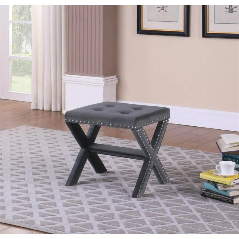 Velvet Upholstered Accent Bench With Nailhead Trim, Gray