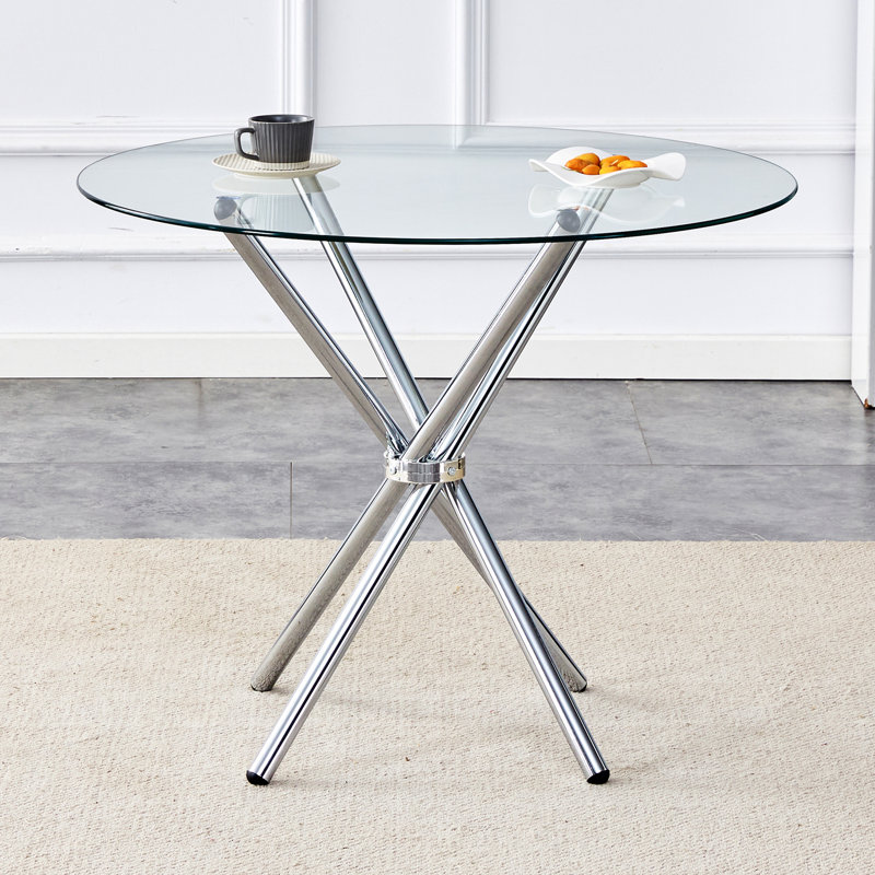 Round Clear Glass Dining Table With A Unique Shape For 4-6 People, With Ring-Shaped Gathered Silver Metal Legs, Suitable For Desks, Kitchens, Terraces, Dining Rooms.