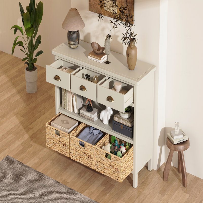 Console rétro avec 3 tiroirs de rangement, table d'entrée avec 3 paniers tissés en jacinthe d'eau, armoire-buffet en bois