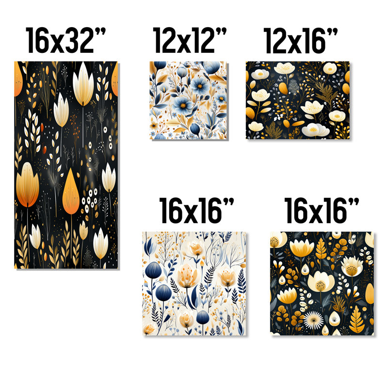 Motif floral artistique IV - ensemble de 5 impressions murales florales, Toile tendue