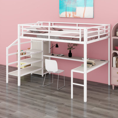 Lit mezzanine en métal avec bureau en L et port USB, armoire et tablette, lit mezzanine haut avec DEL pour enfants, adolescents, adultes