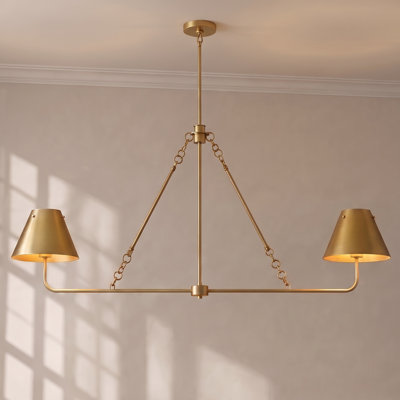 2-Light Dimmable Modern Linear Chandelier with Tapered Brass Shade