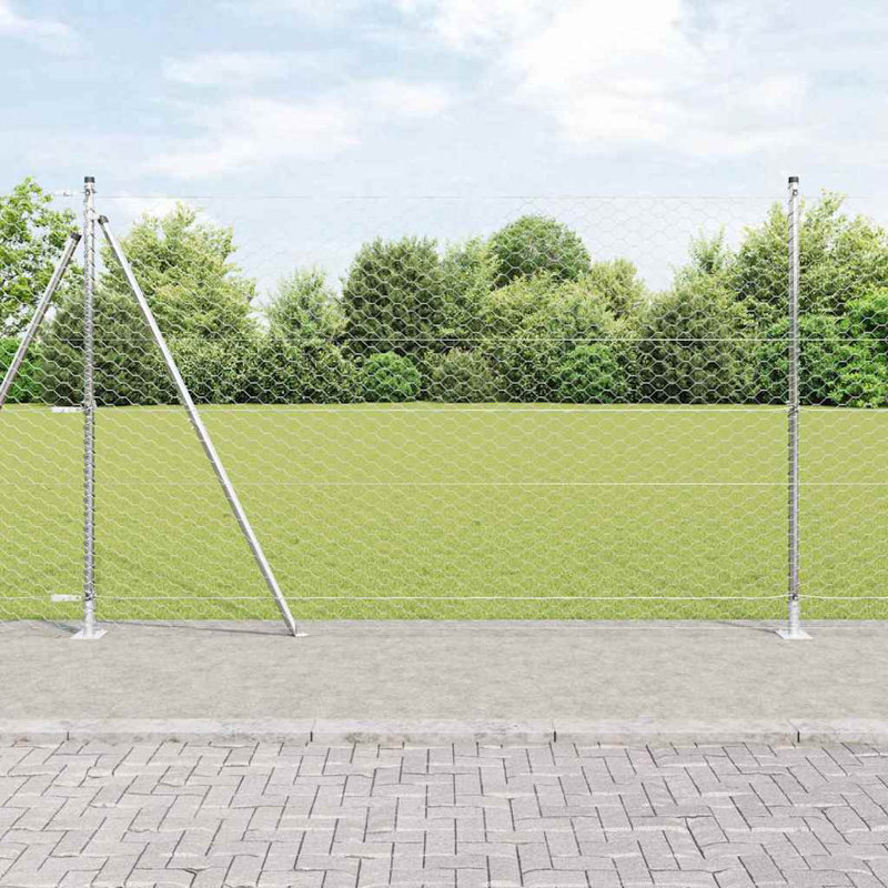 Vidaxl Fence With Posts PVC-Coated Steel, Silver, 140cm H x 1000cm W x 3.2cm D