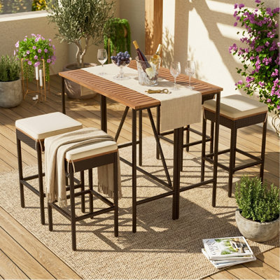 5-Piece Outdoor Acacia Wood Bar Height Table And Four Stools With Cushions, Garden Pe Rattan Wicker Dining Table, Foldable Tabletop, High-Dining Bistro Set, All-Weather Patio Furniture, Brown