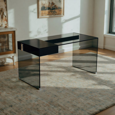 Modern Black Glass Writing Desk With Hidden Drawer Sleek Tempered Glass Study Table For Home Office Or Bedroom