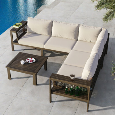 4 Pieces Outdoor Conversation Set With 1 Coffee Table, One Right Armchair, One Left Armchair, A Corner Piece And Woven Mesh Armrests by Lark Manor