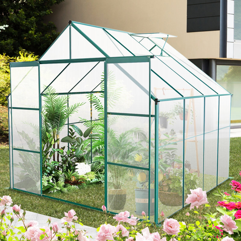 Serre en polycarbonate de 8 pi x 8 pi pour la cour extérieure, avec base galvanisée, porte coulissante en toute saison