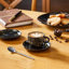 Ensemble de 6 pièces espresso empilables, céramique noire et dorée avec support argenté | Demitasse 3 oz, service à café de luxe-122829698-122829696