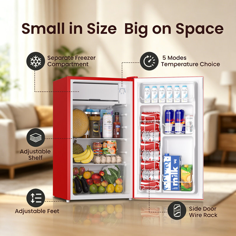 BANGSON 3.2 Cu.Ft Mini Fridge with Freezer, Low Noise Energy Efficient Compact Refrigerator for Dorm Room, Apartment, Office，Red