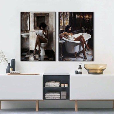 2 pièces femmes noires salle de bain toile art mural salle de bain afro-américaine photos mode fille noire lisant le journal affiches impressions Paintins pour la toilette toilettes