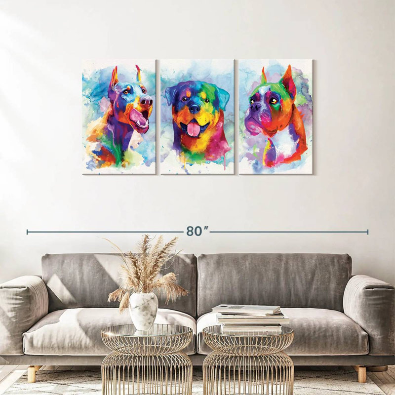 " Dogs Paint Splash Multi Piece Canvas Print " 3 - Pieces, 27" H x 56" W x 1.25" D