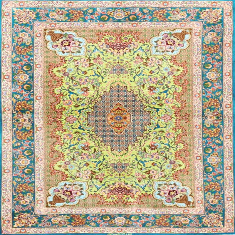Tapis vert/jaune/rouge clair traditionnel Geocron, Carré 5 pi