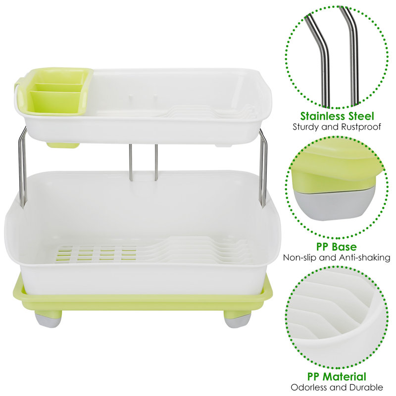 White and Green 2-Tier Metal Dish Drying Rack with Utensil Cup