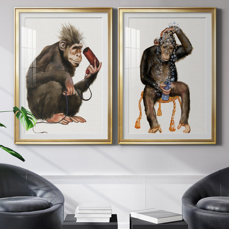 «Bath Animals I», ensemble de 2 impressions, Blanc, Papier encadré doré, H 26,5 po x l 73 po x P 1,5 po