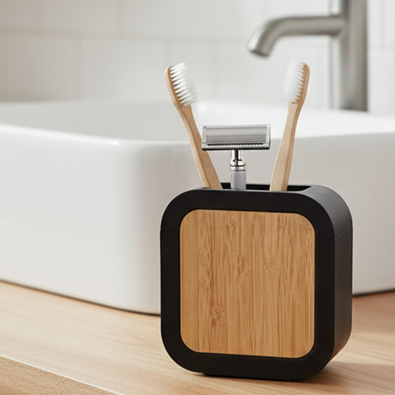 Modern Toothbrush Holder Rubber and Wood, Black
