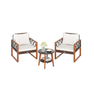 Ensemble de meubles de patio 3 pièces avec plateau en verre trempé et coussins moelleux