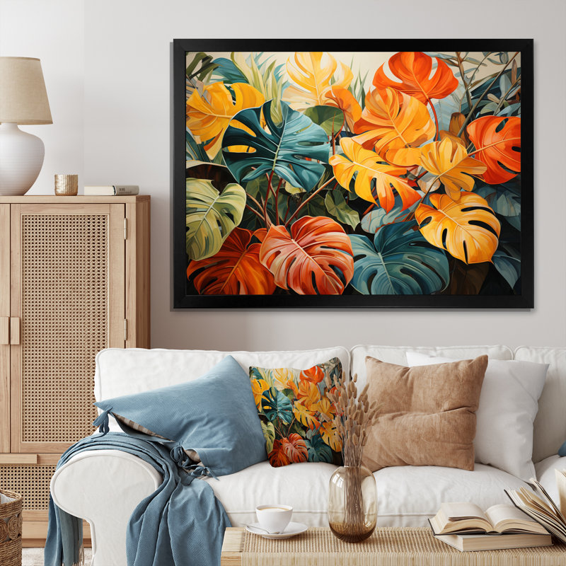 " Orange Green Tropical Plants III ", Black Picture Framed, 30" H x 40" W x 1.5" D