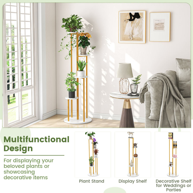 Indoor Metal Plant Stand Tall Corner Plant Shelf For Potted Plant, White/Gold