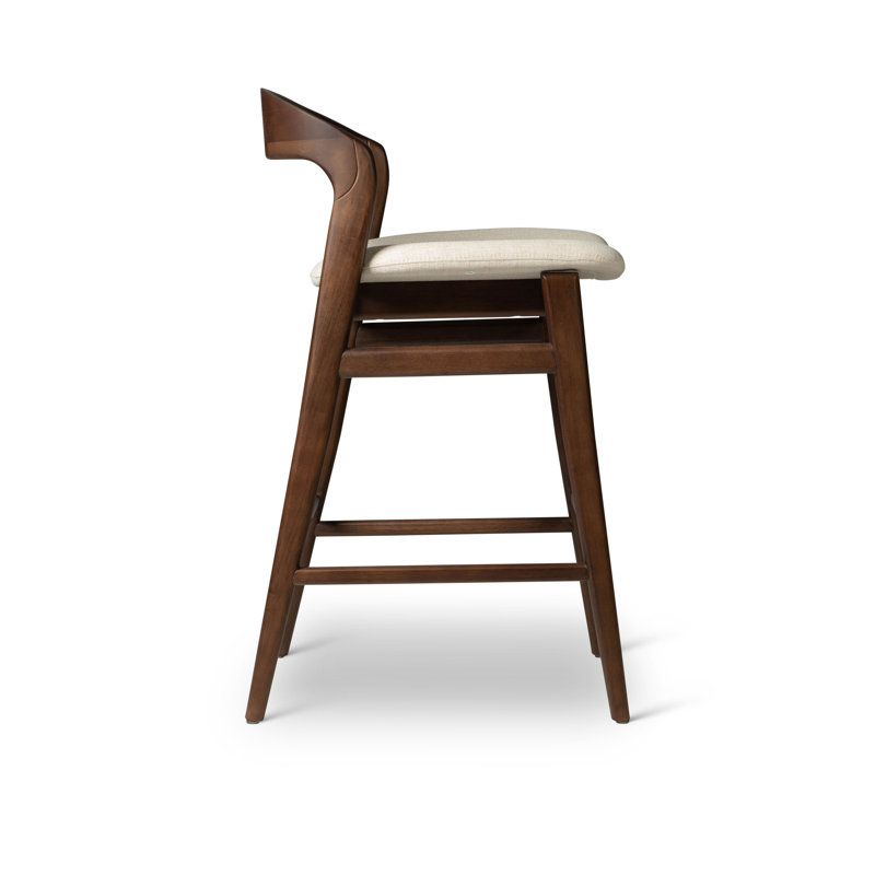 Modern Brazilian Upholstered Stool with Solid Wood Frame, Medley Ivory Performance Basketweave