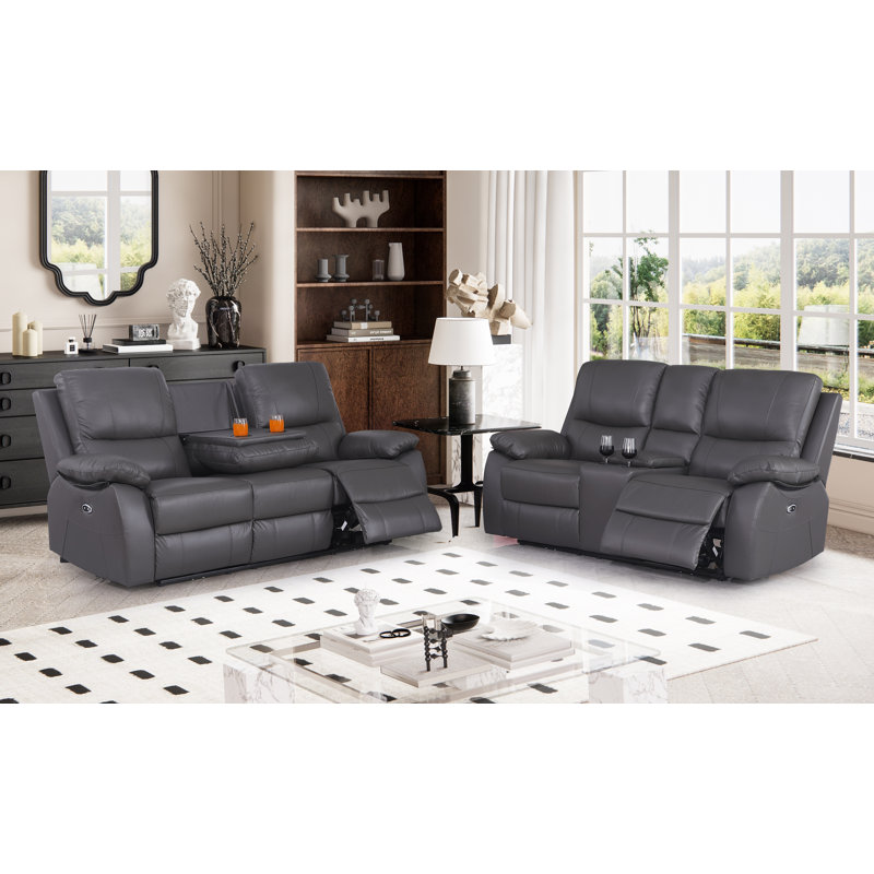 Llanas 2 Piece Pillow Top Arm Genuine Leather Recliner Loveseat + Sofa, Cup Holders, Gray Genuine Leather