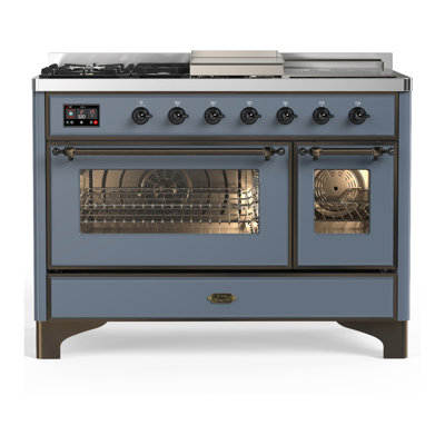 Cuisinière ILVE Majestic III Série 48 po à double combustible avec 5 brûleurs scellés, plaque de cuisson, table française (gaz naturel, porte vitrée)