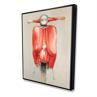 Small Red Moped Canvas - Man Cave Beige Framed Decor