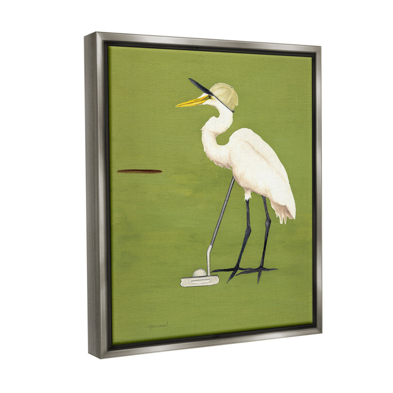 «Golfing Heron Bird» par Christine Reichow sur, H 21 po x l 17 po, Cadre flottant gris lustré