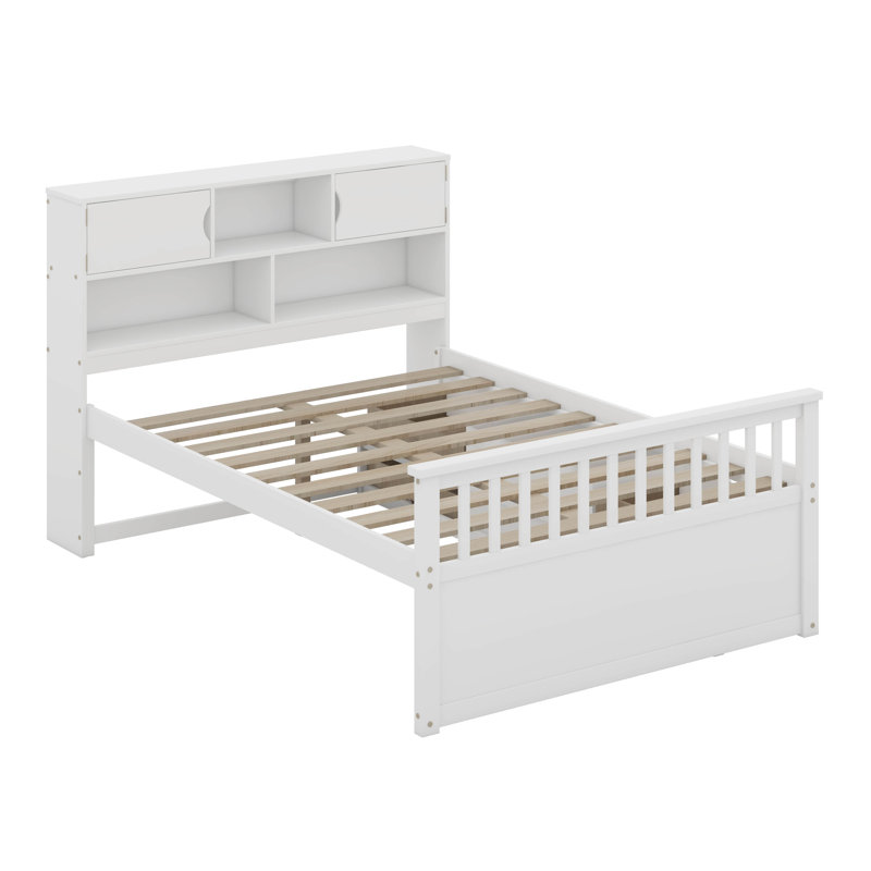 Structure de lit plateforme double pleine grandeur avec bibliothèques de rangement et tablettes, quatre tiroirs, Blanc