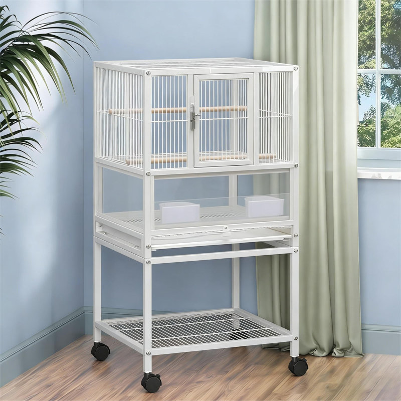 Petite cage à oiseaux, porte-oiseaux H 32 po avec tablettes de rangement, cage à oiseaux blanche pour perroquet, porte-perroquet en acrylique pour petit oiseau moyen