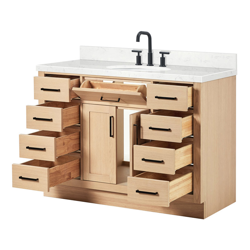 Ensemble de meuble-lavabo simple en bois massif 48 po avec lavabo en quartz Carrara de 1,5 po Tidworth, Chêne naturel, Ovale